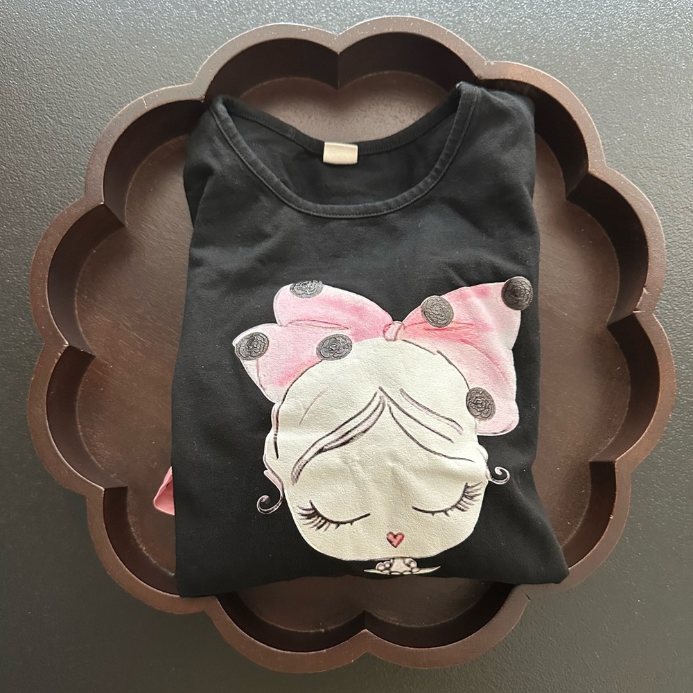 Girls Size 130 6-7 YEARS ~ SHEIN Black Top with Face with Pink Polka Dot Shorts